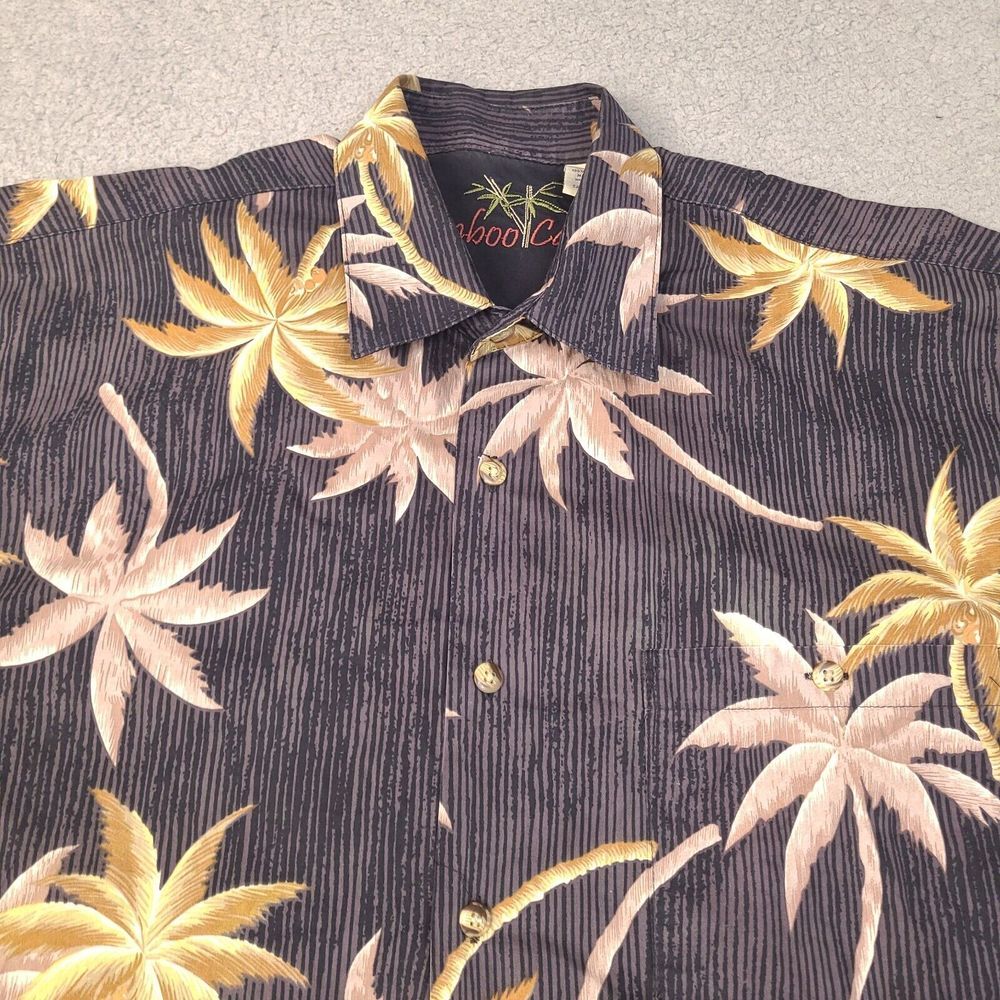 Bamboo Cay Shirt Mens Medium Black Gray Hawaiian Camp Button Up Palm Cotton Lawn - Picture 2 of 11